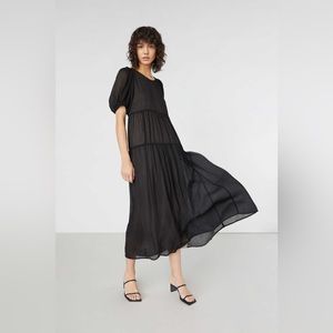 OAK + FORT Black Ribbed Texture Puff Sleeve Tiered Loose Airy Midi Dress